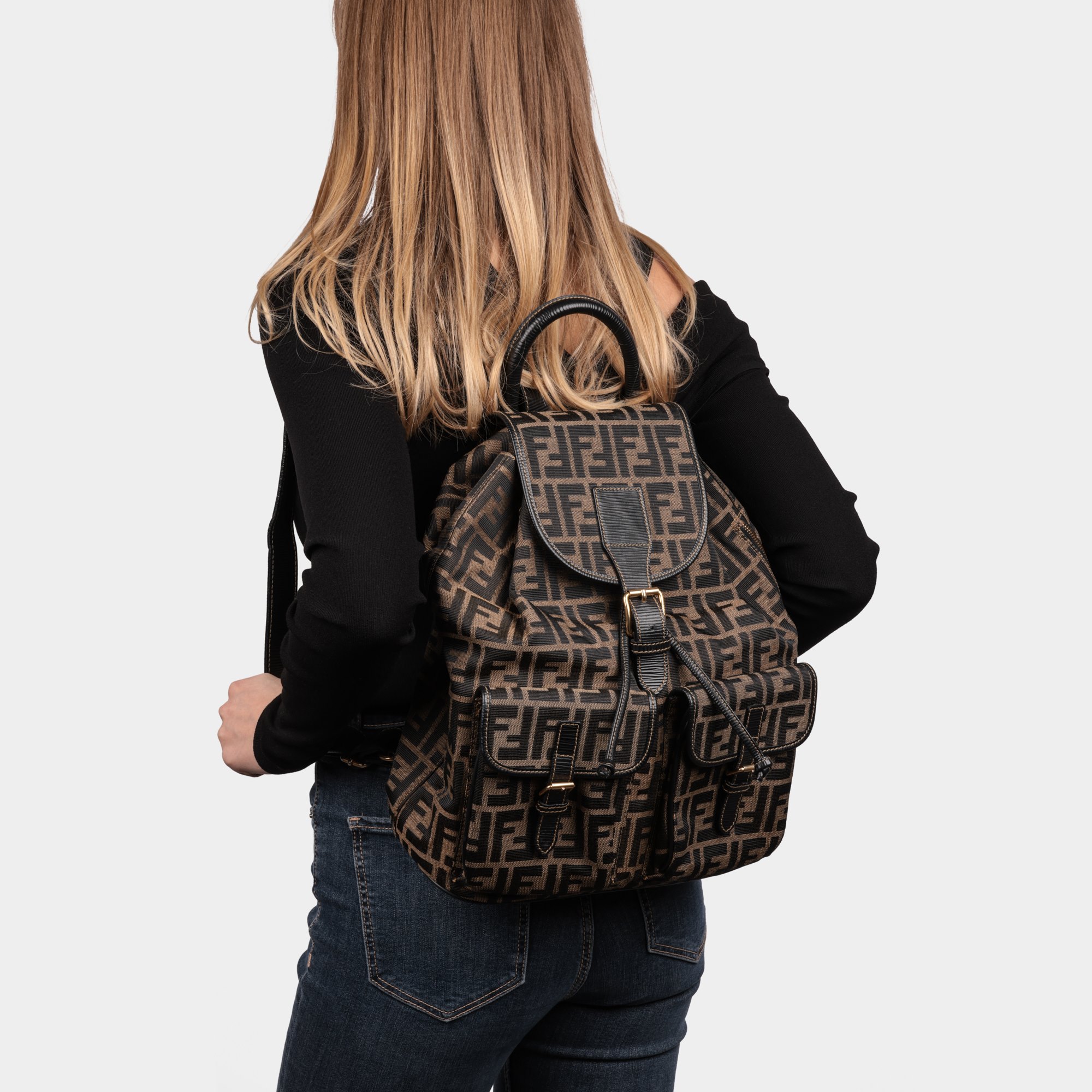 Fendi Brown Zucca Monogram Canvas & Textured Calfskin Leather Vintage Backpack