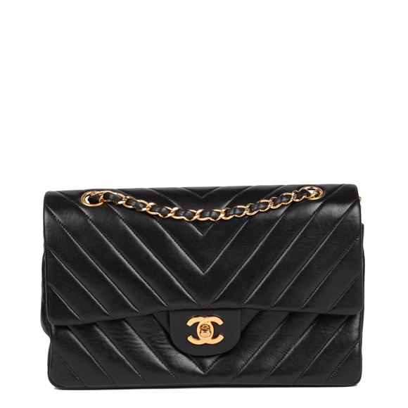Chanel Black Chevron Quilted Lambskin Vintage Medium Classic Double Flap Bag