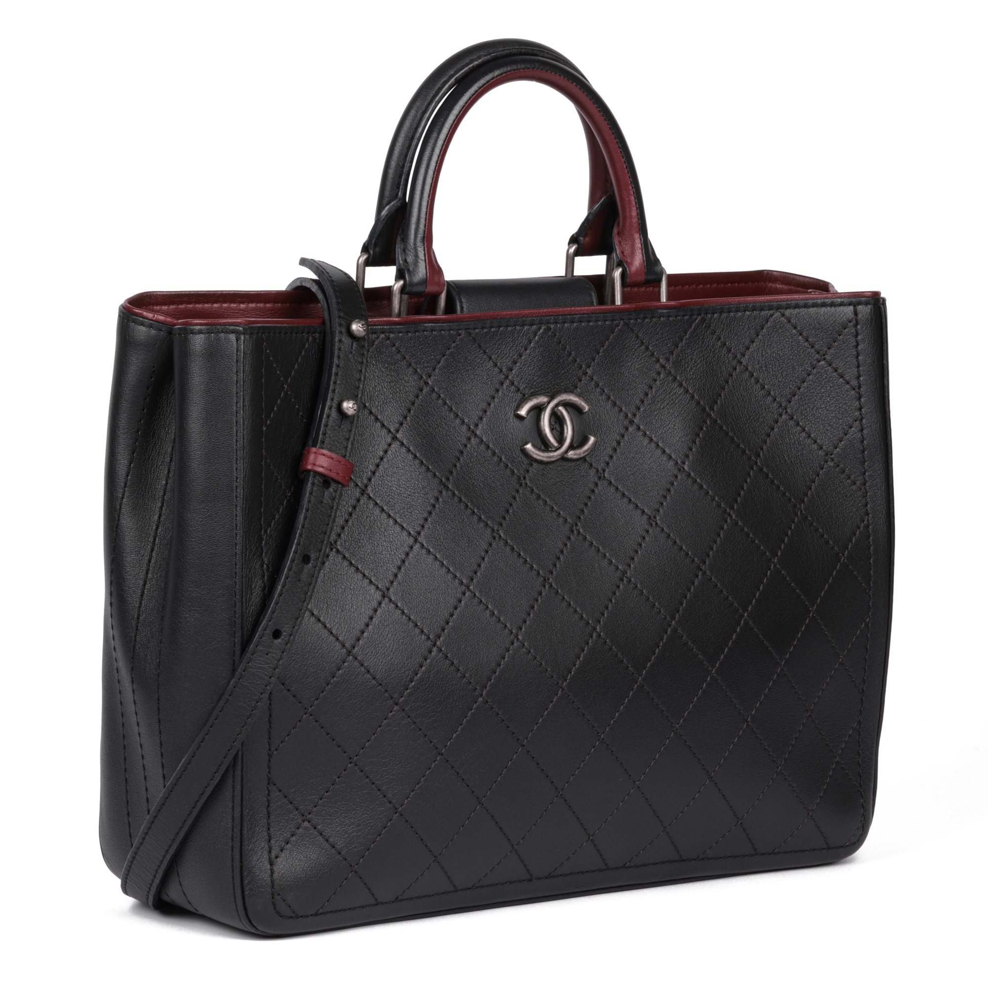 Chanel Black Quilted Bullskin Leather & Burgundy Large Classic Shopping Tote