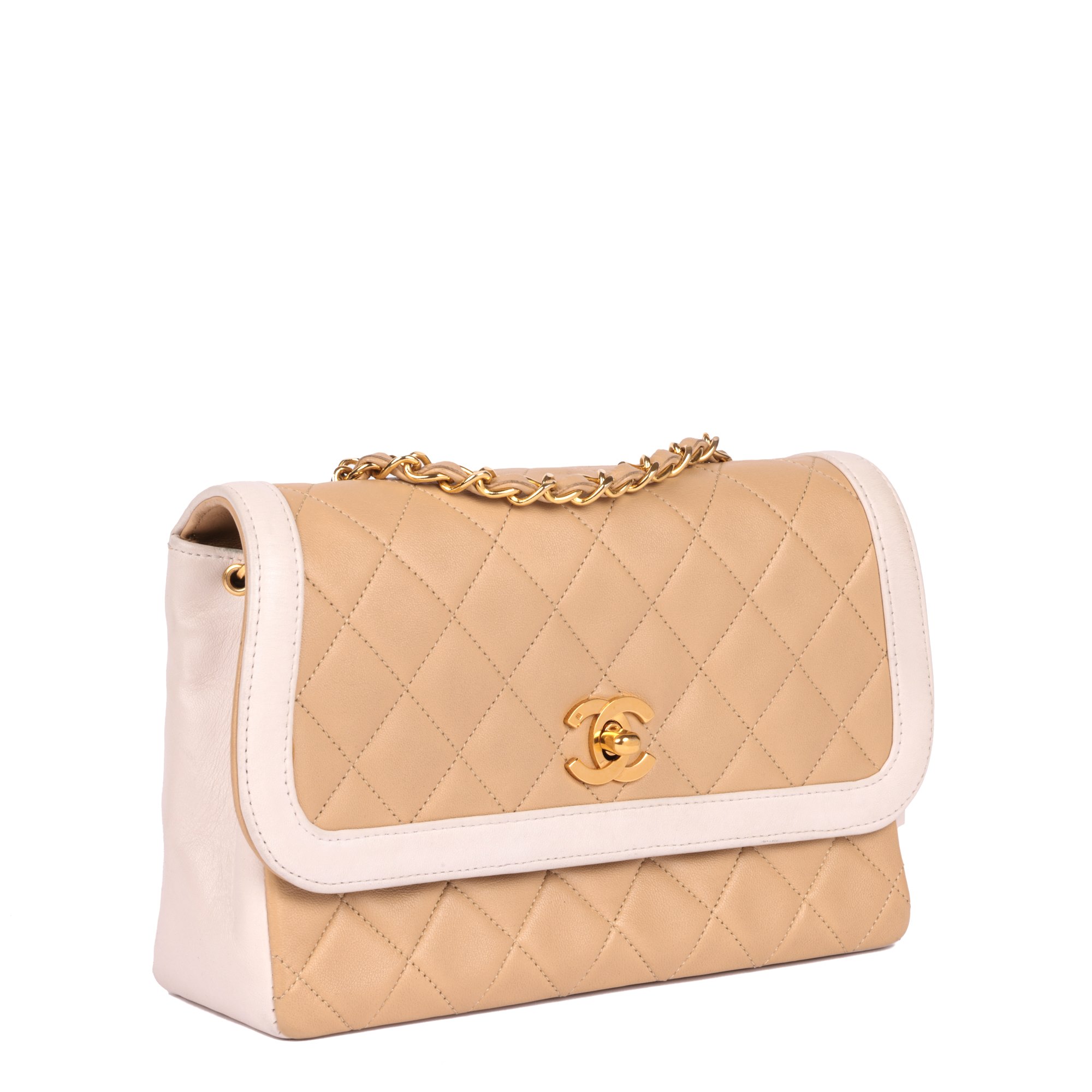 Chanel Beige & White Quilted Lambskin Vintage Mini Classic Single Flap Bag with Wallet