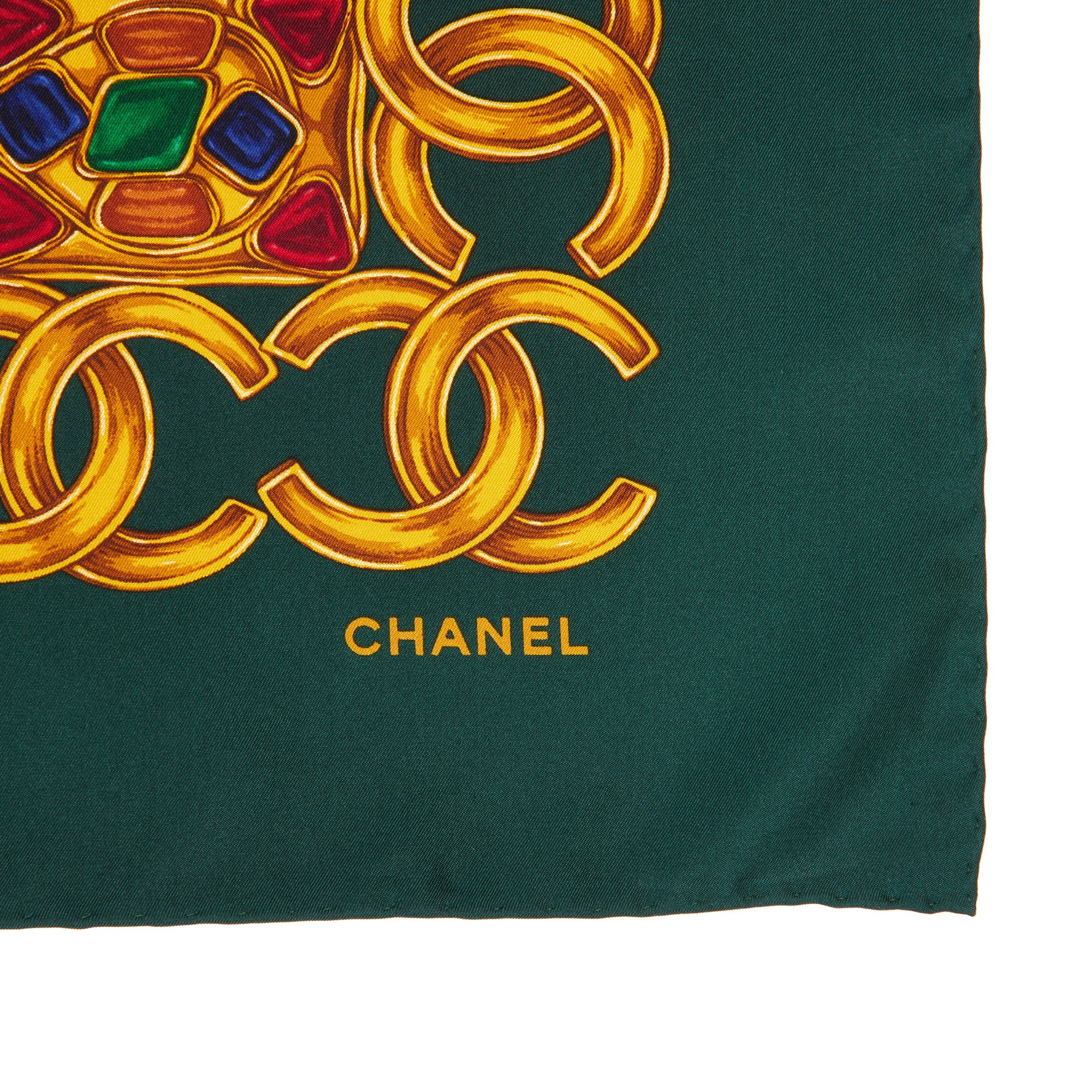 Chanel Green, Gold, Blue, & Red Silk Vintage CC Gem Scarf