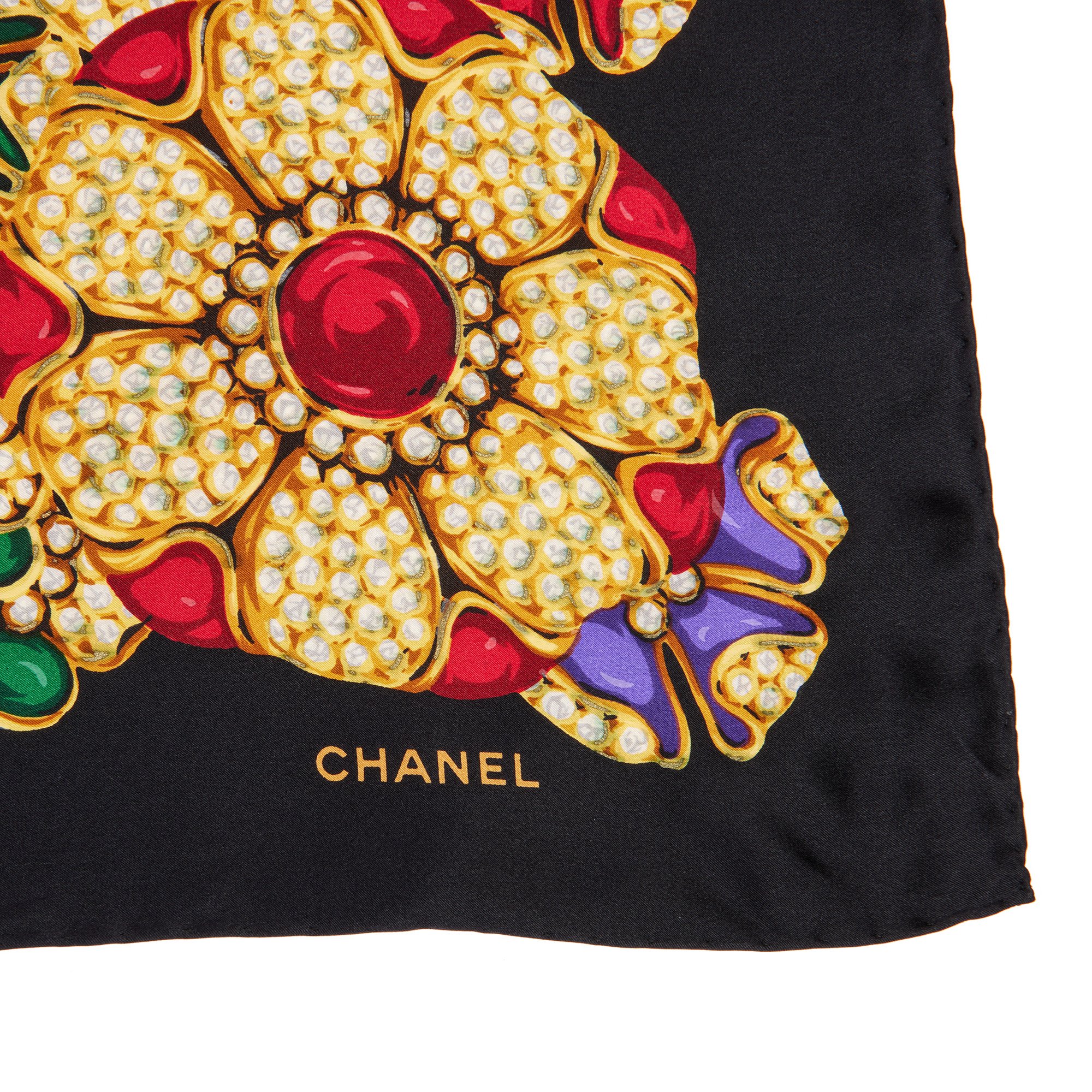 Chanel Black, Red, Purple, & Green Silk Vintage Flower Scarf