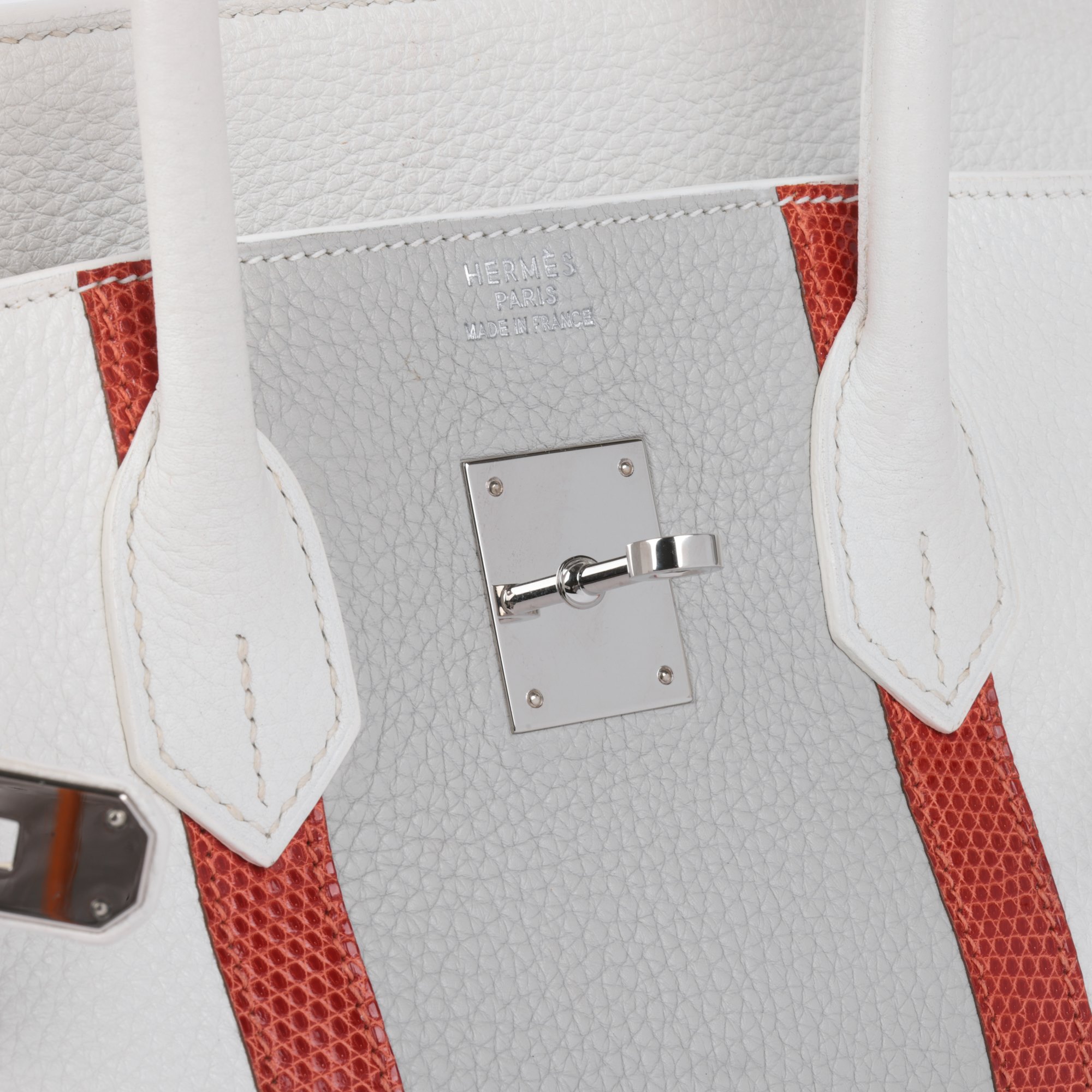 Hermès Blanc, Gris Perle Clemence Leather & Sanguine Niloticus Lizard Leather Club Birkin 35cm Retourne
