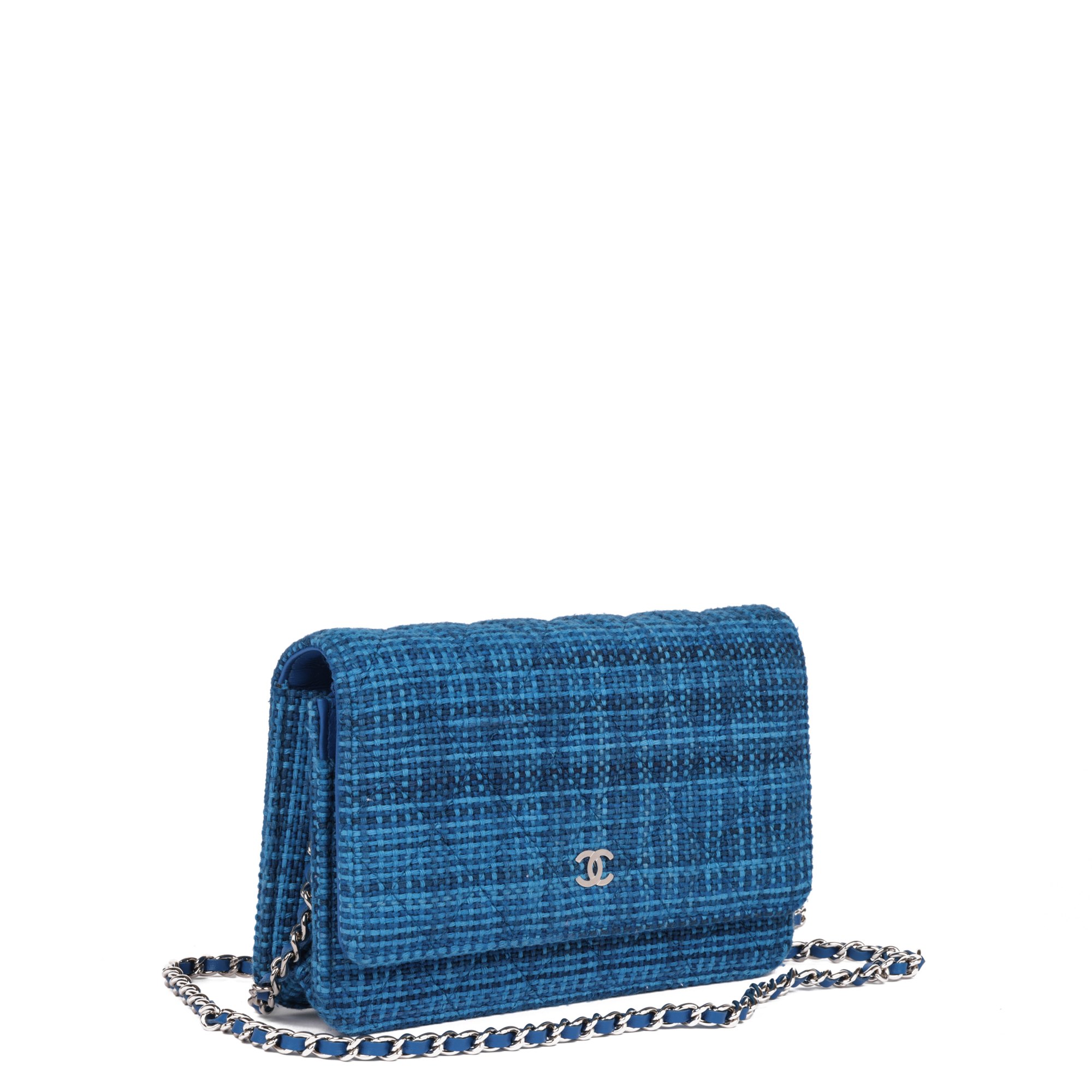 Chanel Blue Quilted Tweed Fabric Wallet-on-Chain WOC