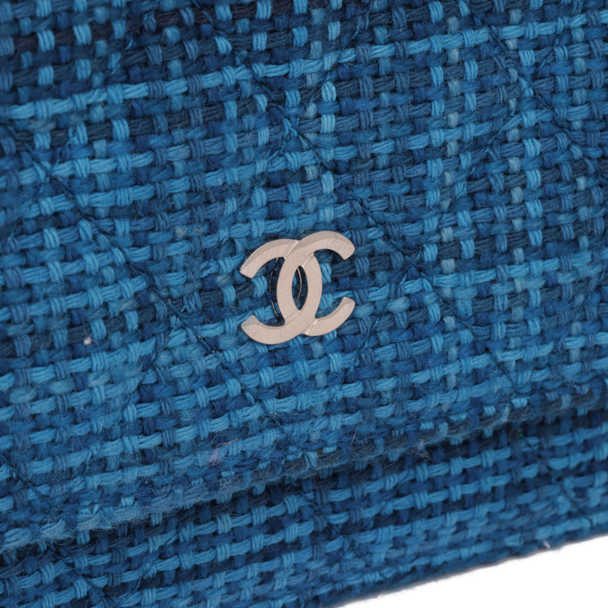 Chanel Blue Quilted Tweed Fabric Wallet-on-Chain WOC