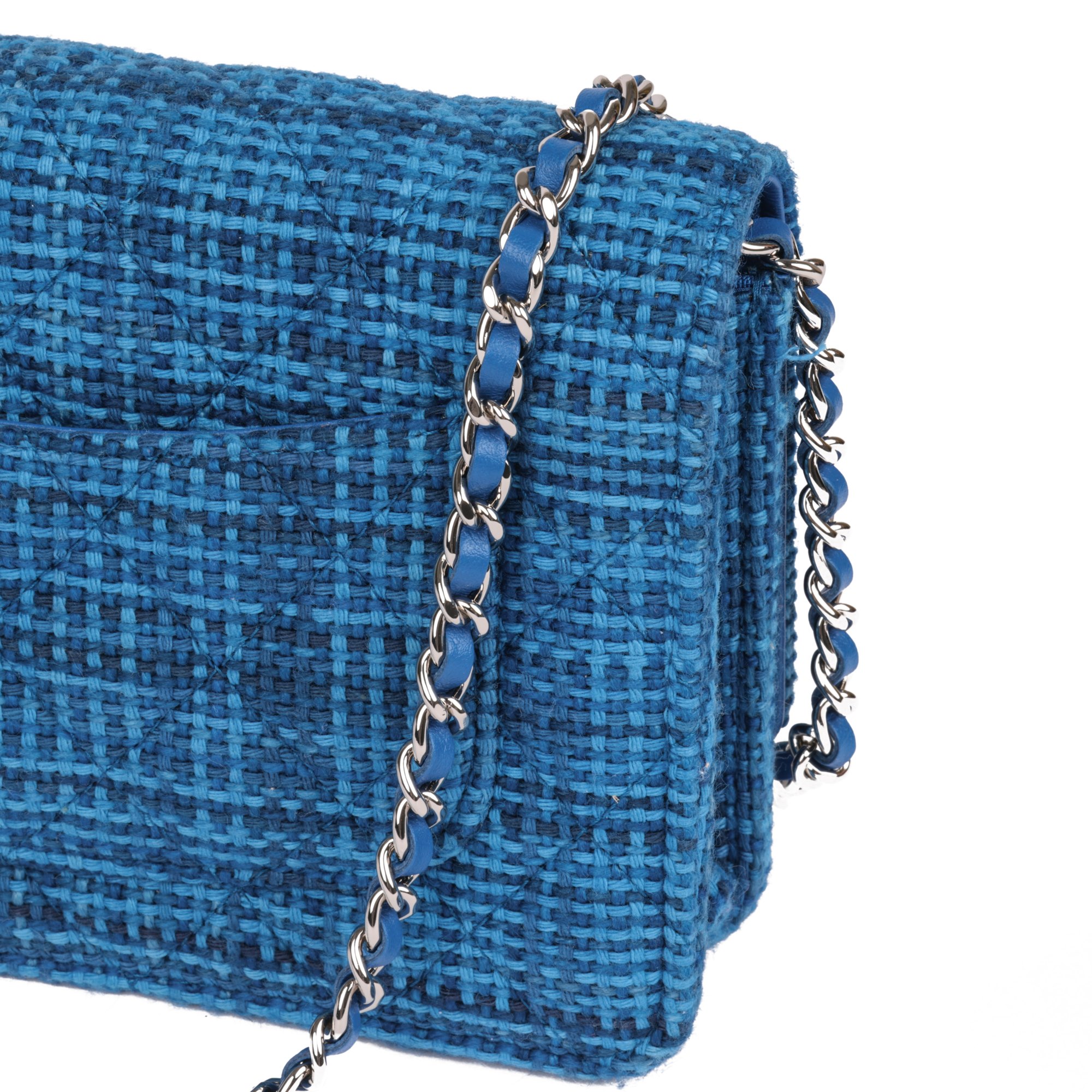 Chanel Blue Quilted Tweed Fabric Wallet-on-Chain WOC