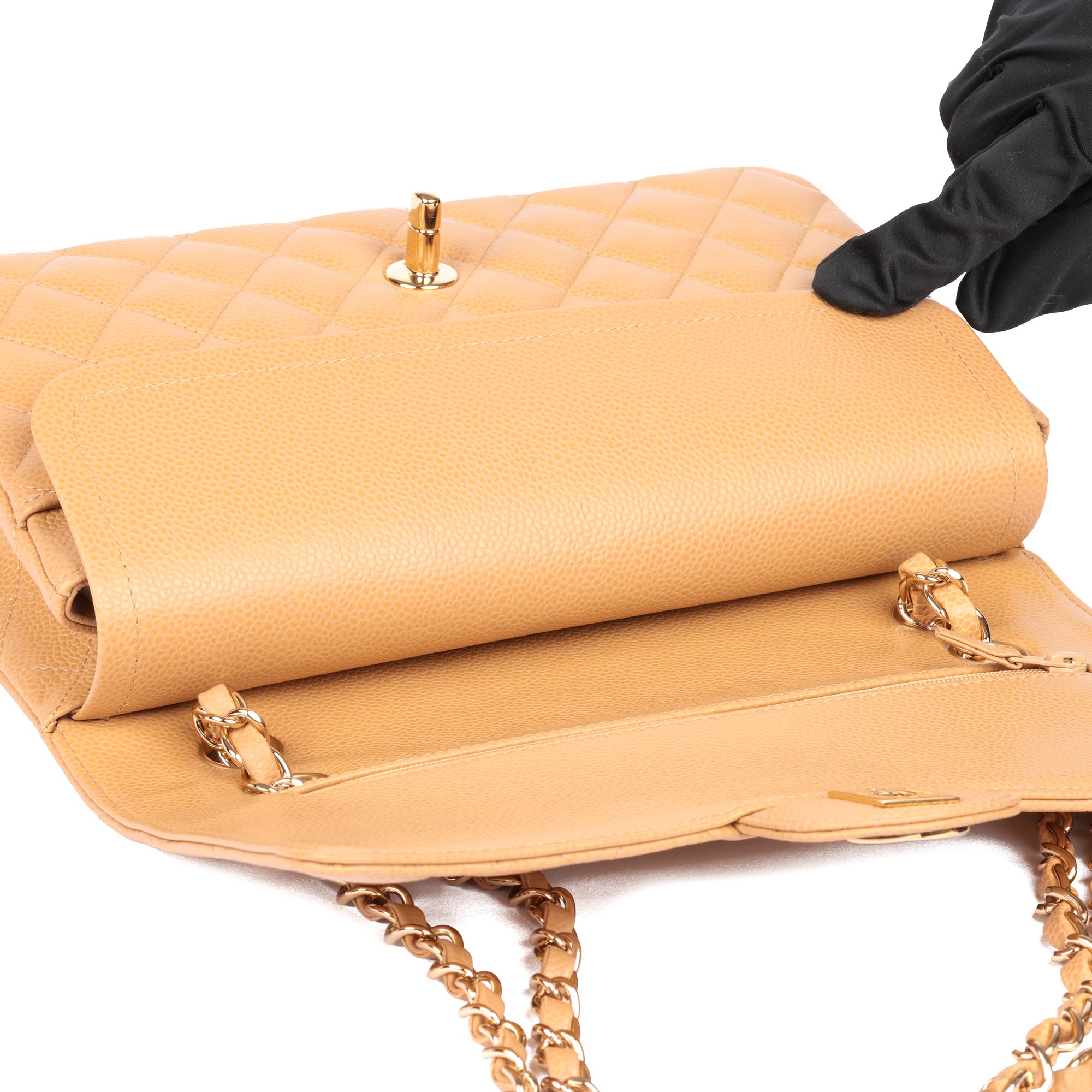 Chanel Beige Quilted Caviar Leather Classic Double Flap Bag