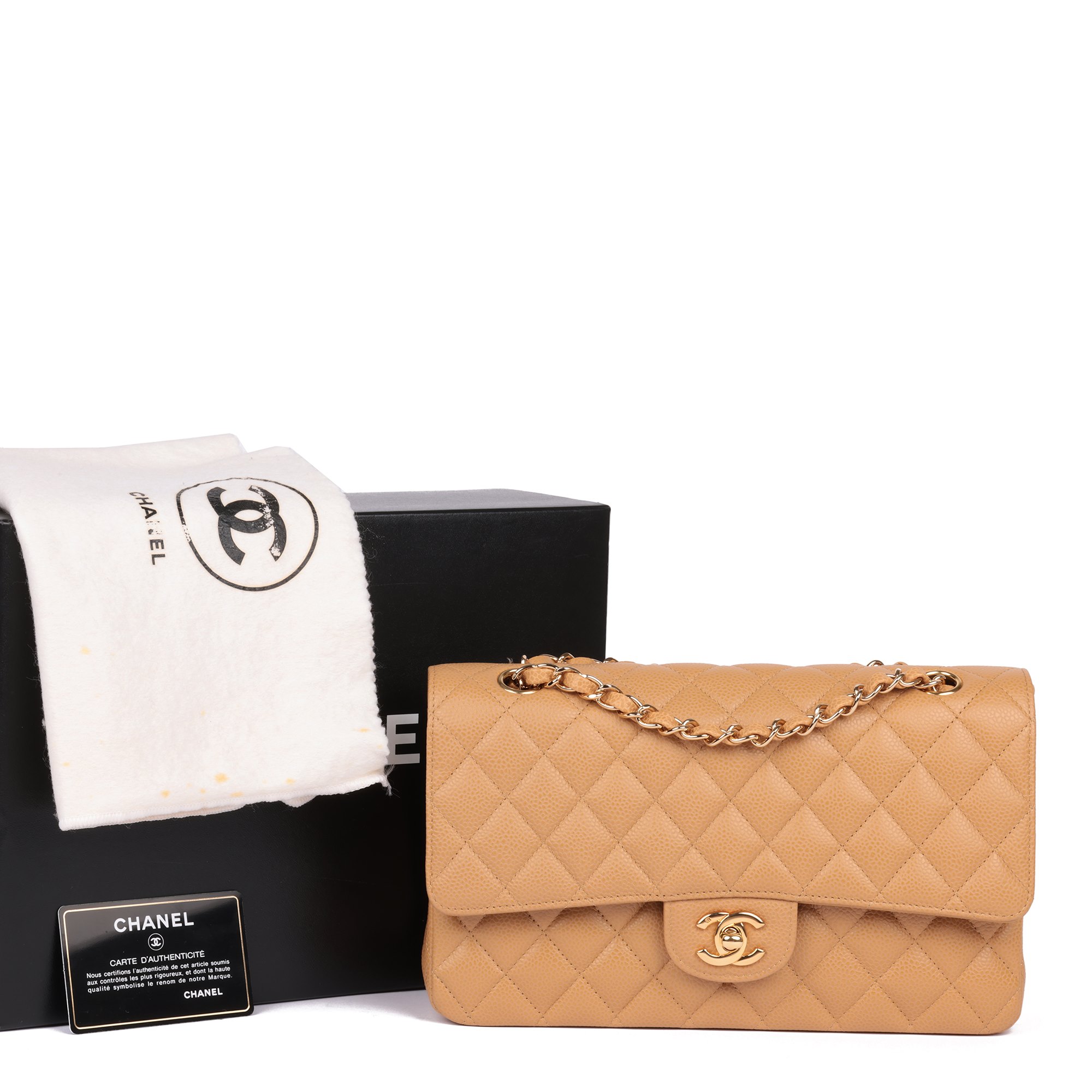 Chanel Beige Quilted Caviar Leather Classic Double Flap Bag