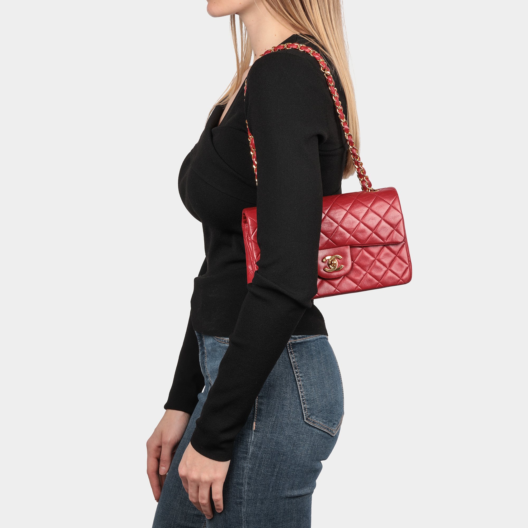 Chanel Red Quilted Lambskin Vintage Small Classic Double Flap Bag