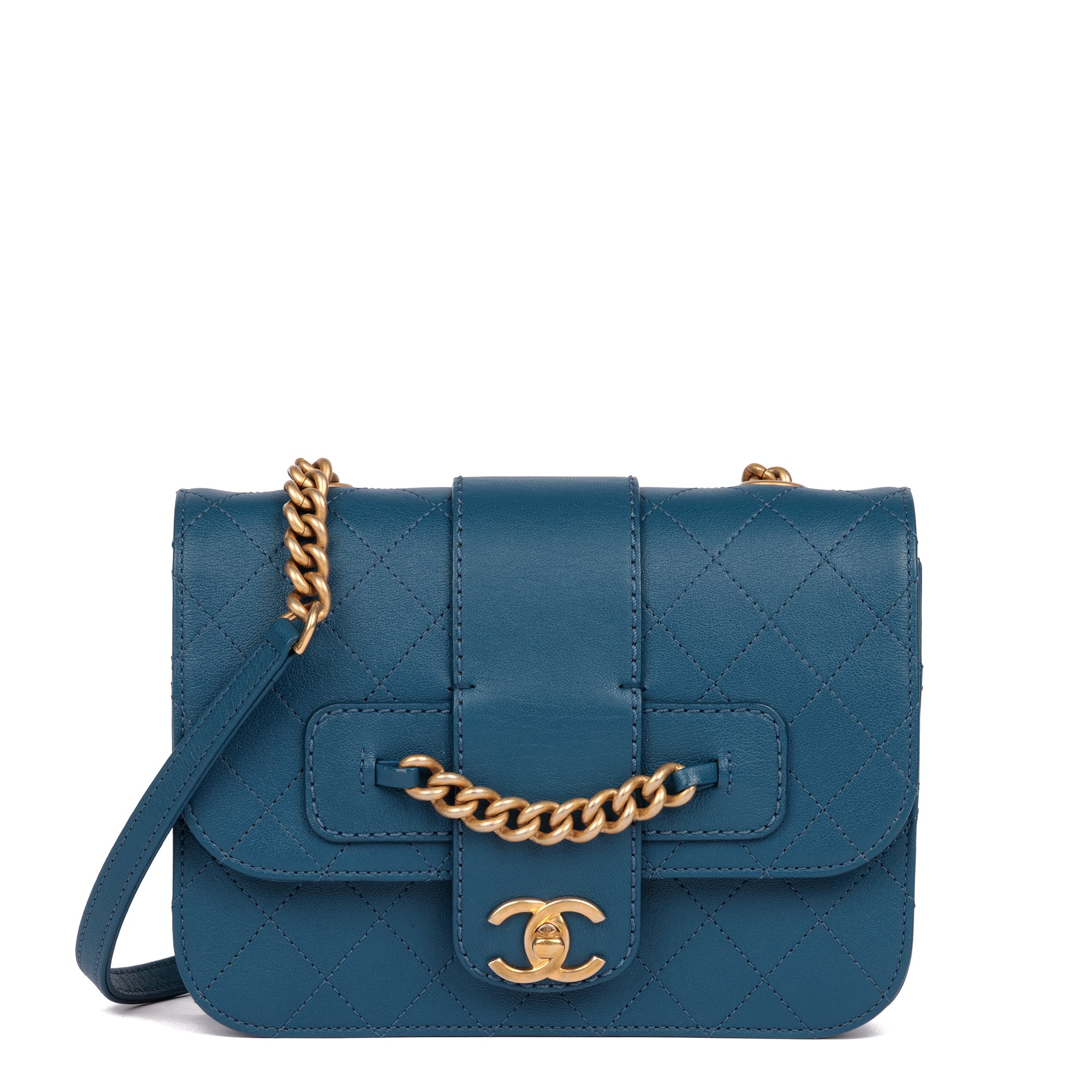 Chanel Blue Quilted Calfskin Leather Mini Chain Front Classic Single Flap Bag