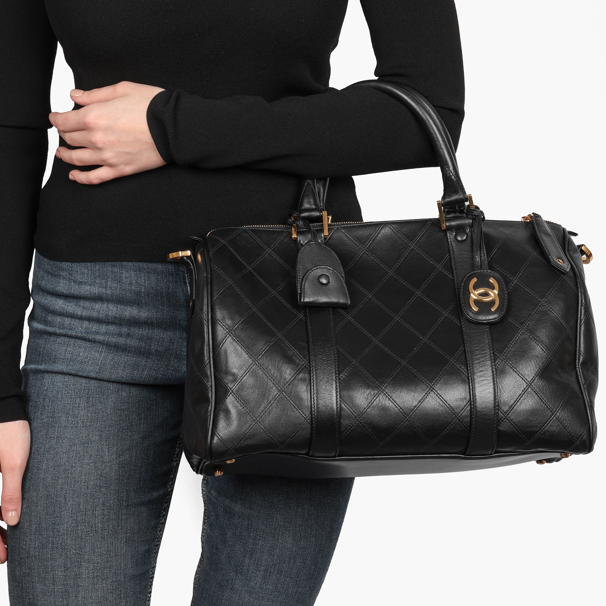 Chanel Black Quilted Lambskin Leather Boston 35cm