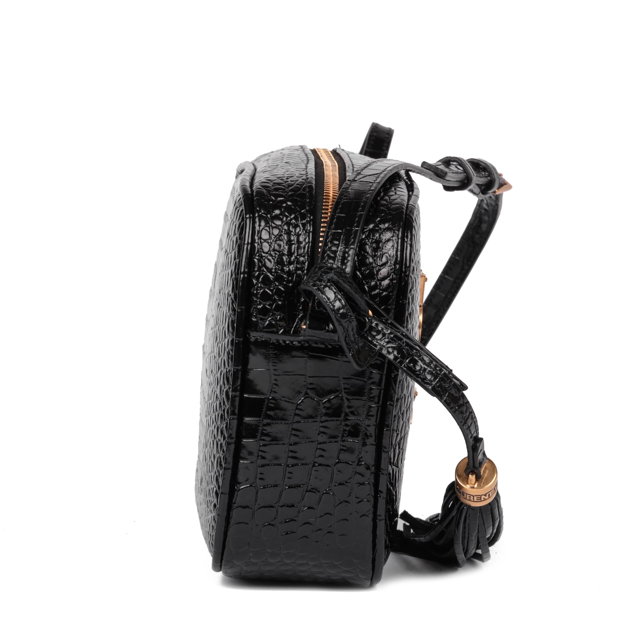 Saint Laurent Black Faux Crocodile Embossed Shiny Calfskin Leather Lou Camera Bag