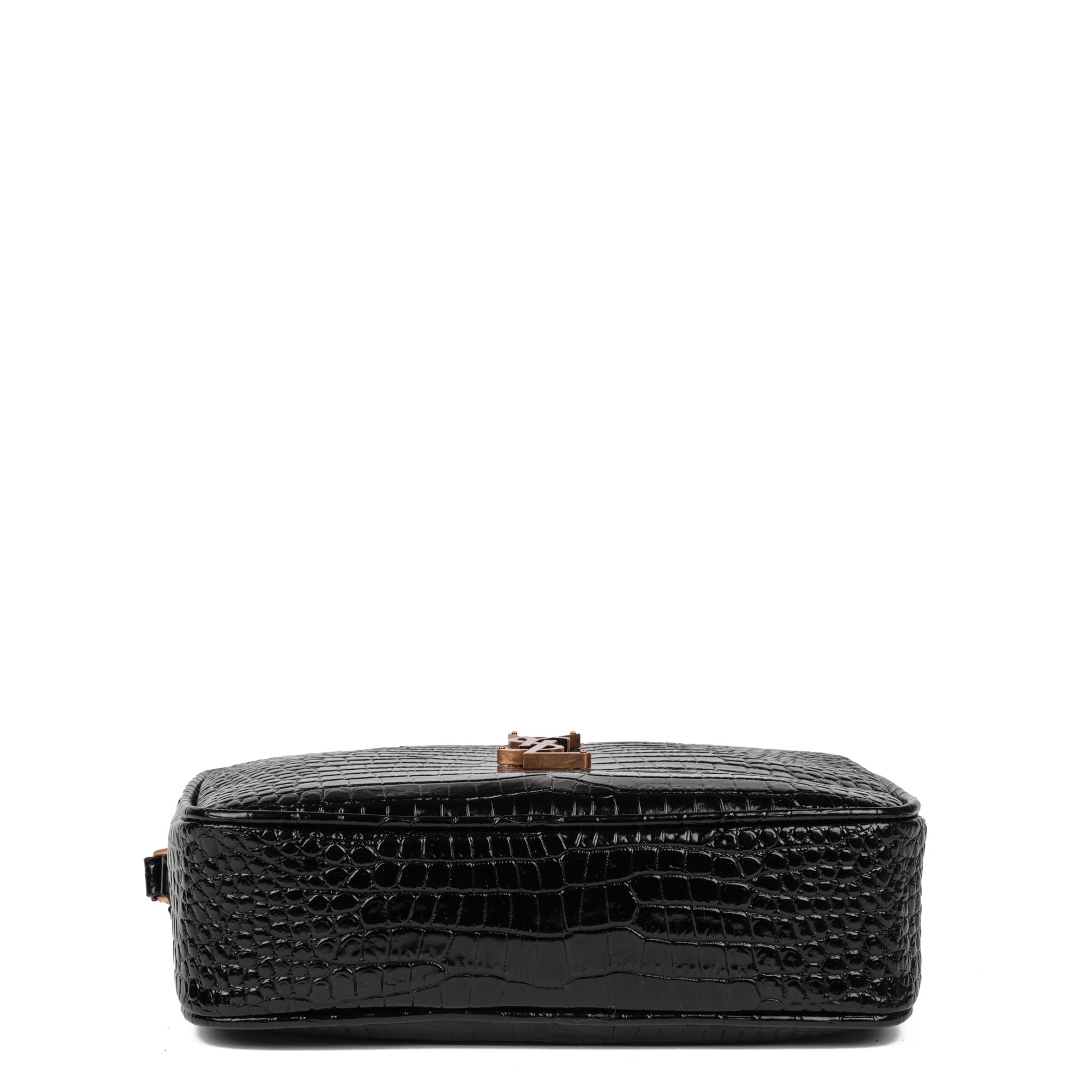 Saint Laurent Black Faux Crocodile Embossed Shiny Calfskin Leather Lou Camera Bag