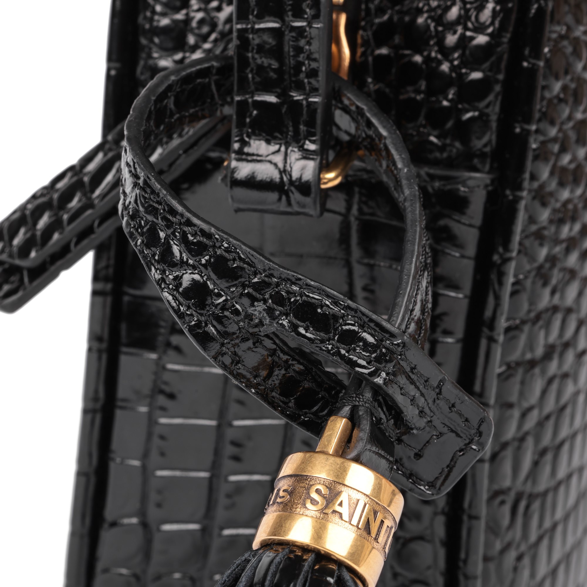 Saint Laurent Black Faux Crocodile Embossed Shiny Calfskin Leather Lou Camera Bag