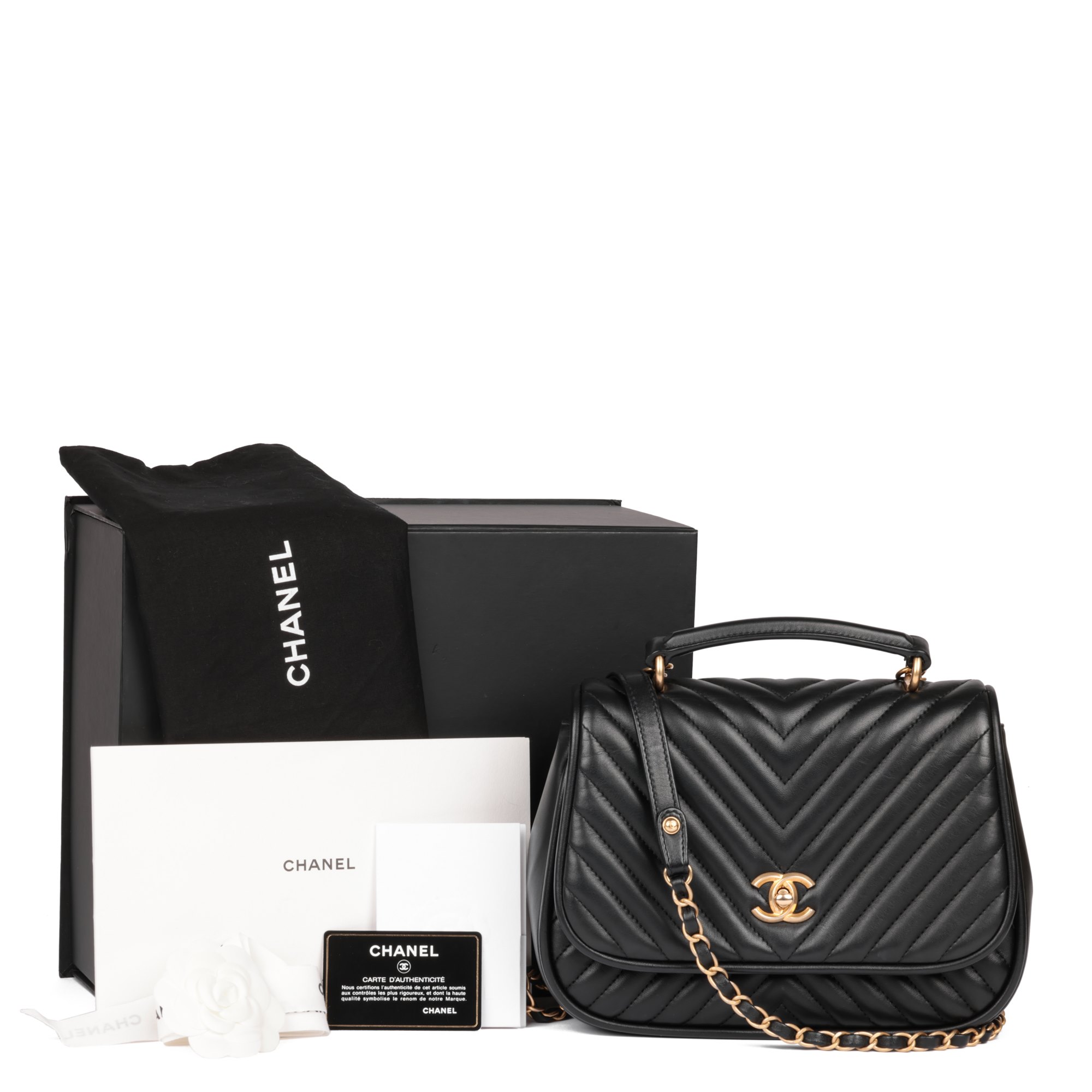 Chanel Black Chevron Quilted Lambskin Medium Classic Top Handle Flap Bag