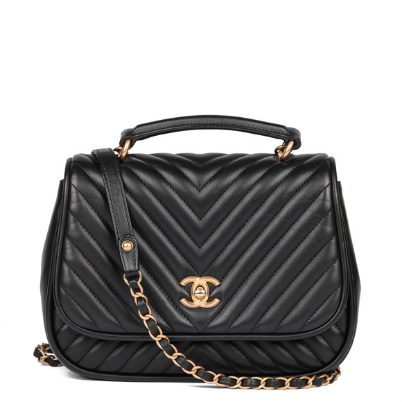 Chanel Black Chevron Quilted Lambskin Medium Classic Top Handle Flap Bag