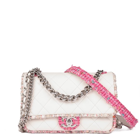 Chanel White Quilted Lambskin & Pink Tweed Fabric Small Elegant Trim Small Double Carry Flap Bag