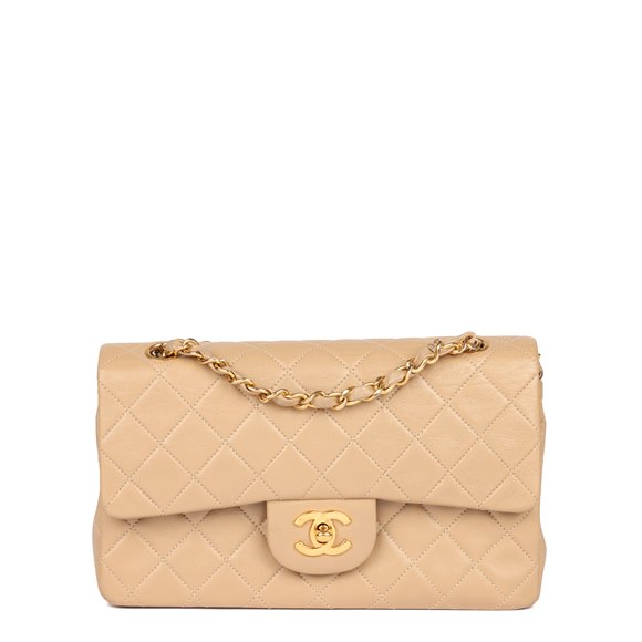 Chanel Beige Quilted Lambskin Vintage Small Classic Double Flap Bag