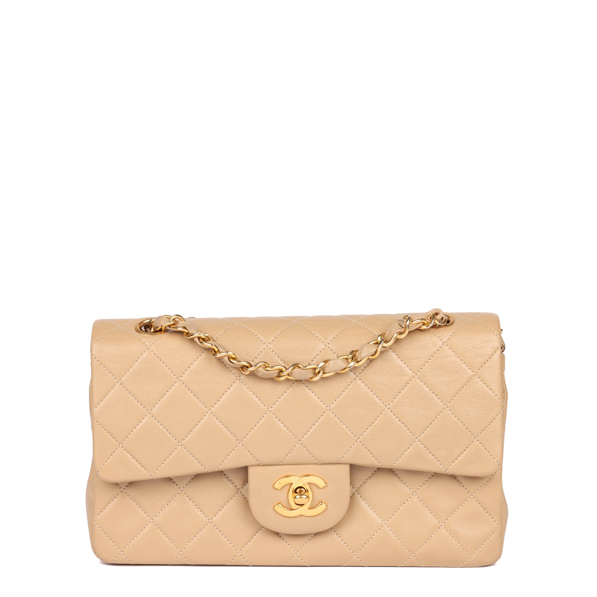Chanel Beige Quilted Lambskin Vintage Small Classic Double Flap Bag