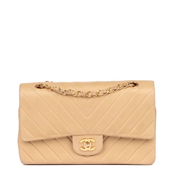 Chanel Beige Chevron Quilted Lambskin Vintage Medium Classic Double Flap Bag