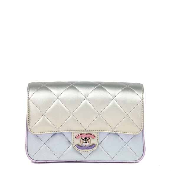 Chanel Silver, Yellow & Purple Gradient Quilted Metallic Lambskin Classic Wristlet Clutch