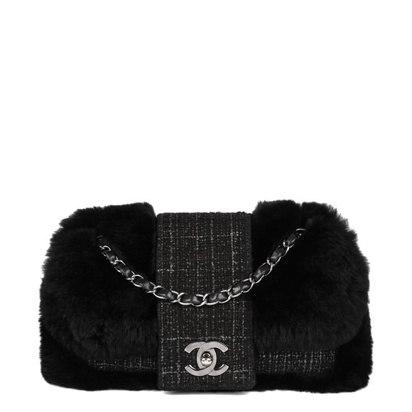 Chanel Black Fantasy Fur & Grey Tweed Medium Classic Single Flap Bag