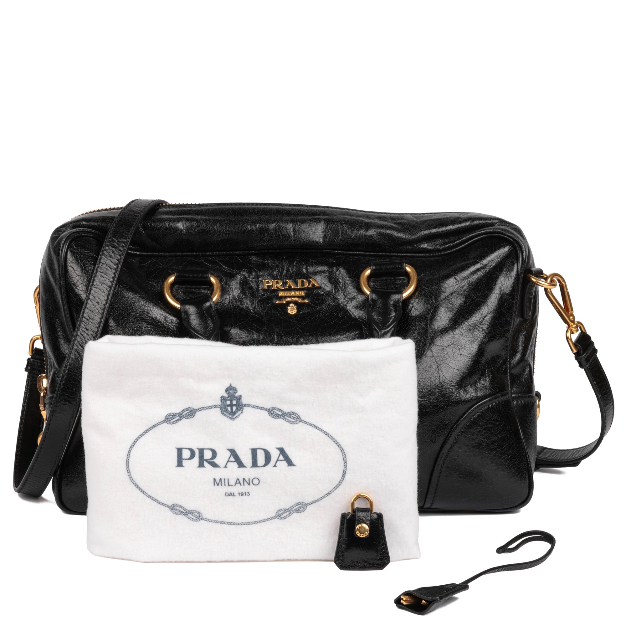 Prada Black Shiny Calfskin Leather Vitello Satchel