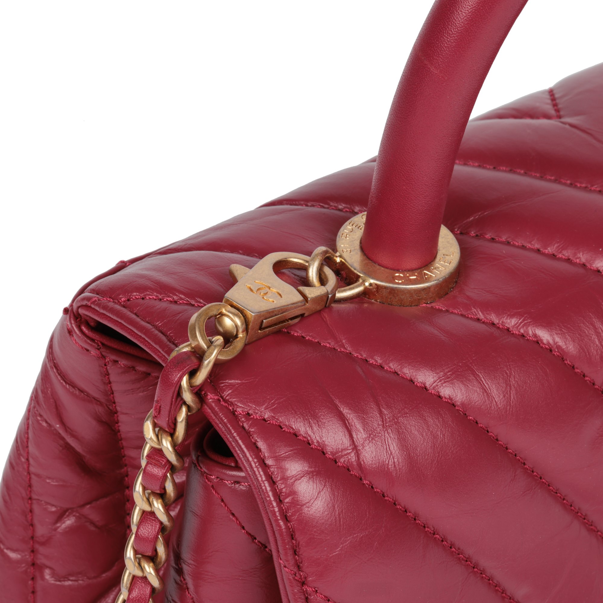 Chanel Red Chevron Aged Calfskin Leather Small Coco Top Handle