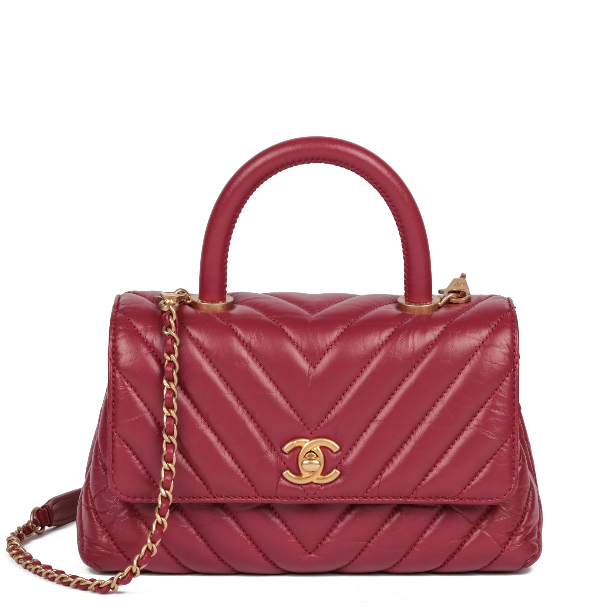 Chanel Red Chevron Aged Calfskin Leather Small Coco Top Handle