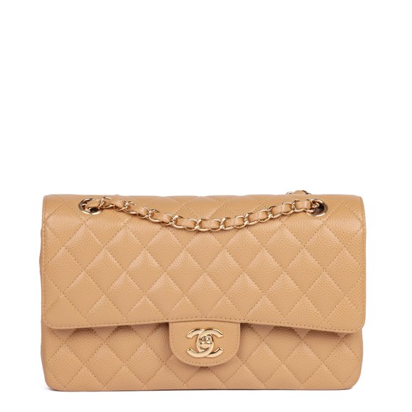 Chanel Beige Quilted Caviar Leather Vintage Medium Classic Double Flap Bag