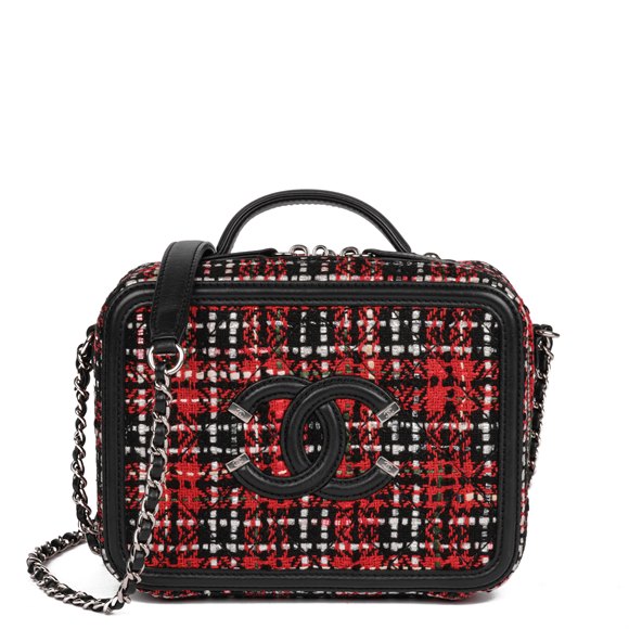 Chanel Red Tweed & Black Lambskin Leather Small Filigree Vanity Case