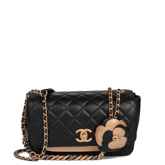 Chanel Black Quilted Lambskin & Gold Metallic Lambskin Camellia Mini Flap Bag with Pearl Wallet