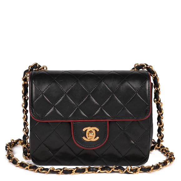 Chanel Black Quilted Lambskin & Red Trim Vintage Square Mini Flap Bag