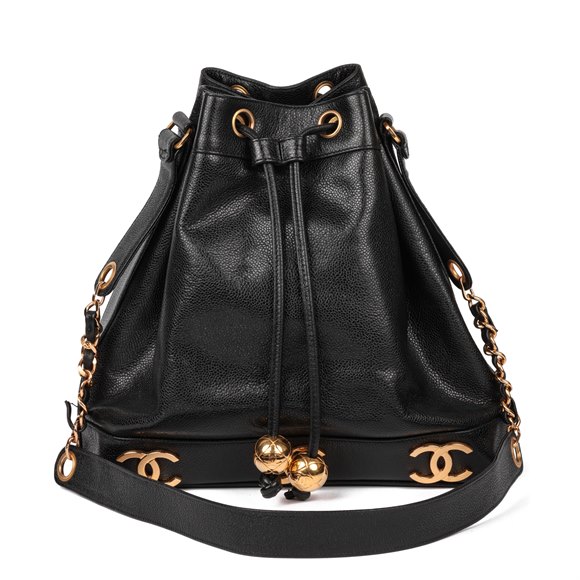 Chanel Black Caviar Leather Vintage Classic Logo Trim Bucket Bag with Pouch