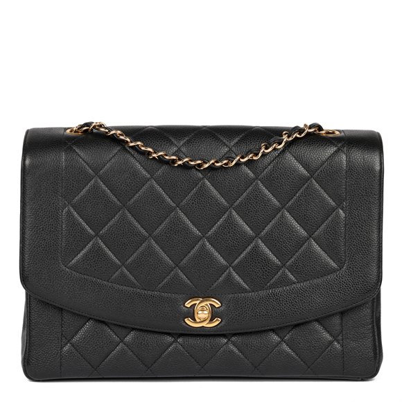 Chanel Black Quilted Caviar Leather Vintage Diana Large Classic Single Flap Bag