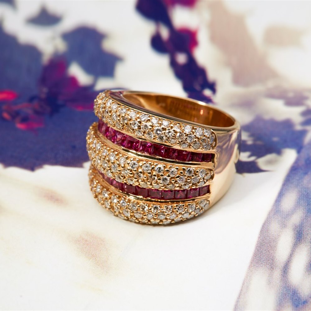 18K Yellow Gold 18K Yellow Gold Ruby & Diamond Pave Wide Band Ring