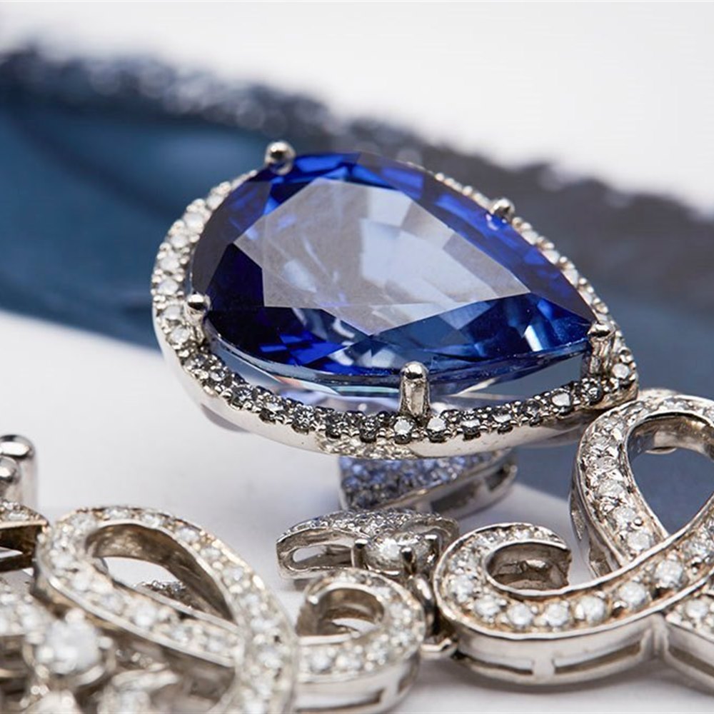 18K White Gold Exquisite 18K White Gold Chandelier Necklace 28.54ct Pear Cut Sapphire and 7.18ct Diamonds