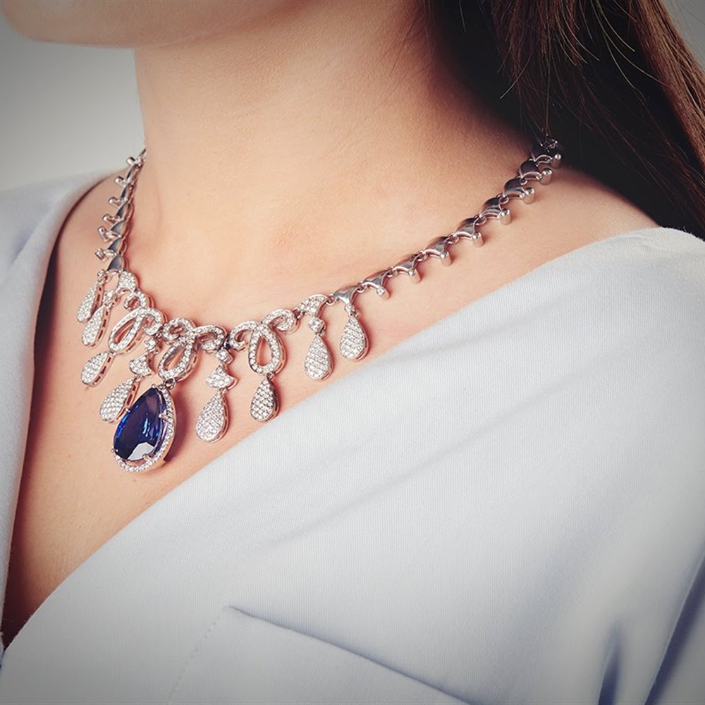 18K White Gold Exquisite 18K White Gold Chandelier Necklace 28.54ct Pear Cut Sapphire and 7.18ct Diamonds