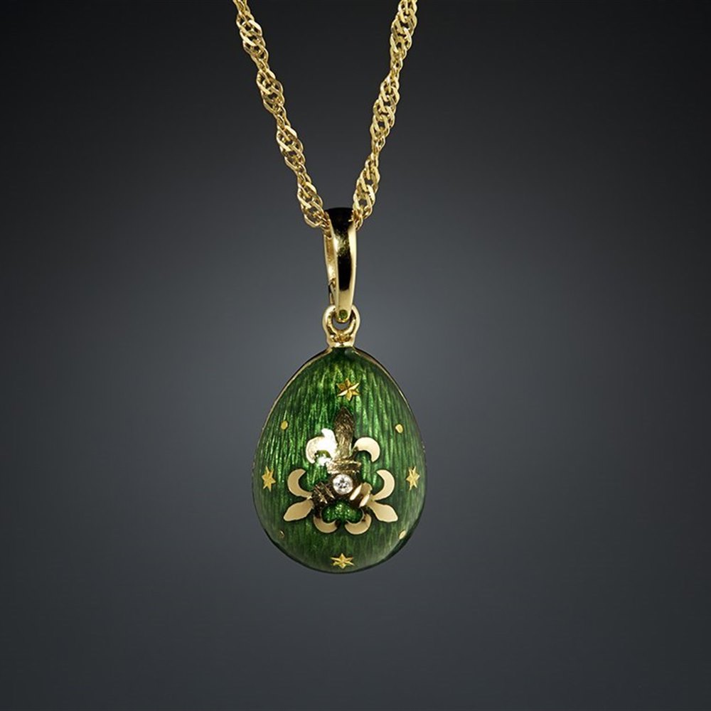 Faberge 18k Yellow Gold Fleur-de-lis Green Enamel Diamond Egg Pendant