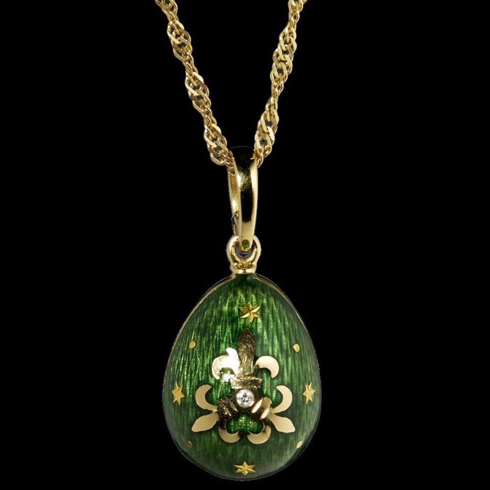 Faberge 18k Yellow Gold Fleur-de-lis Green Enamel Diamond Egg Pendant