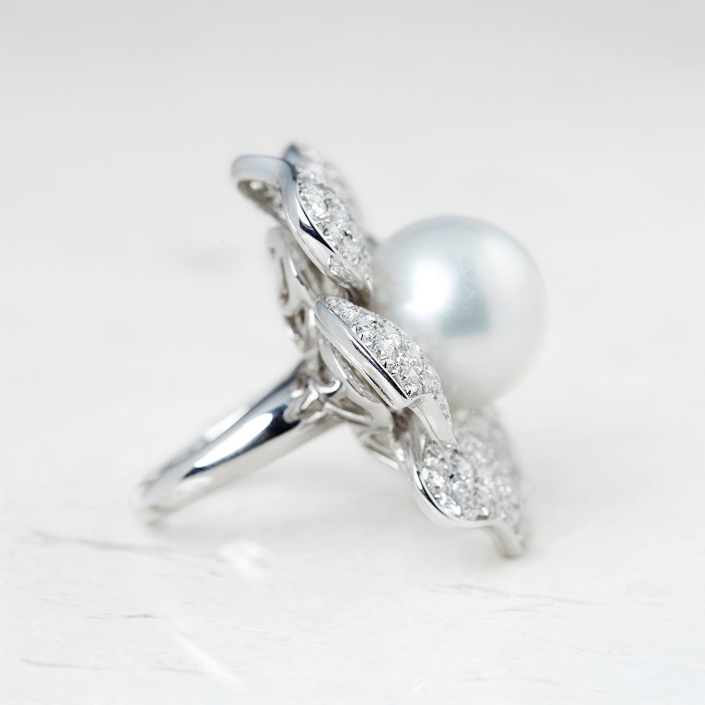 Picchiotti 18k White Gold South Sea Pearl & Diamond Flower Design Cocktail Ring