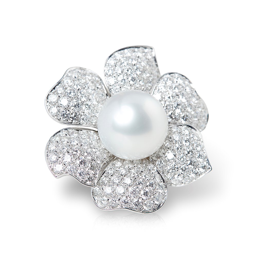 Picchiotti 18k White Gold South Sea Pearl & Diamond Flower Design Cocktail Ring