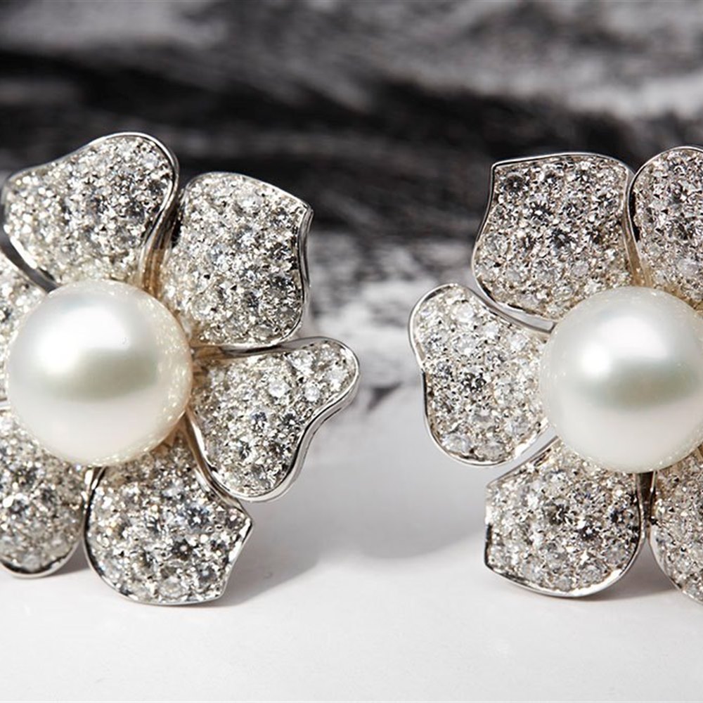 pearl and diamond flower earrings