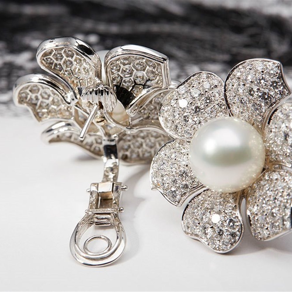 Picchiotti 18k White Gold South Sea Pearl & 7.20ct Diamond Flower Earrings