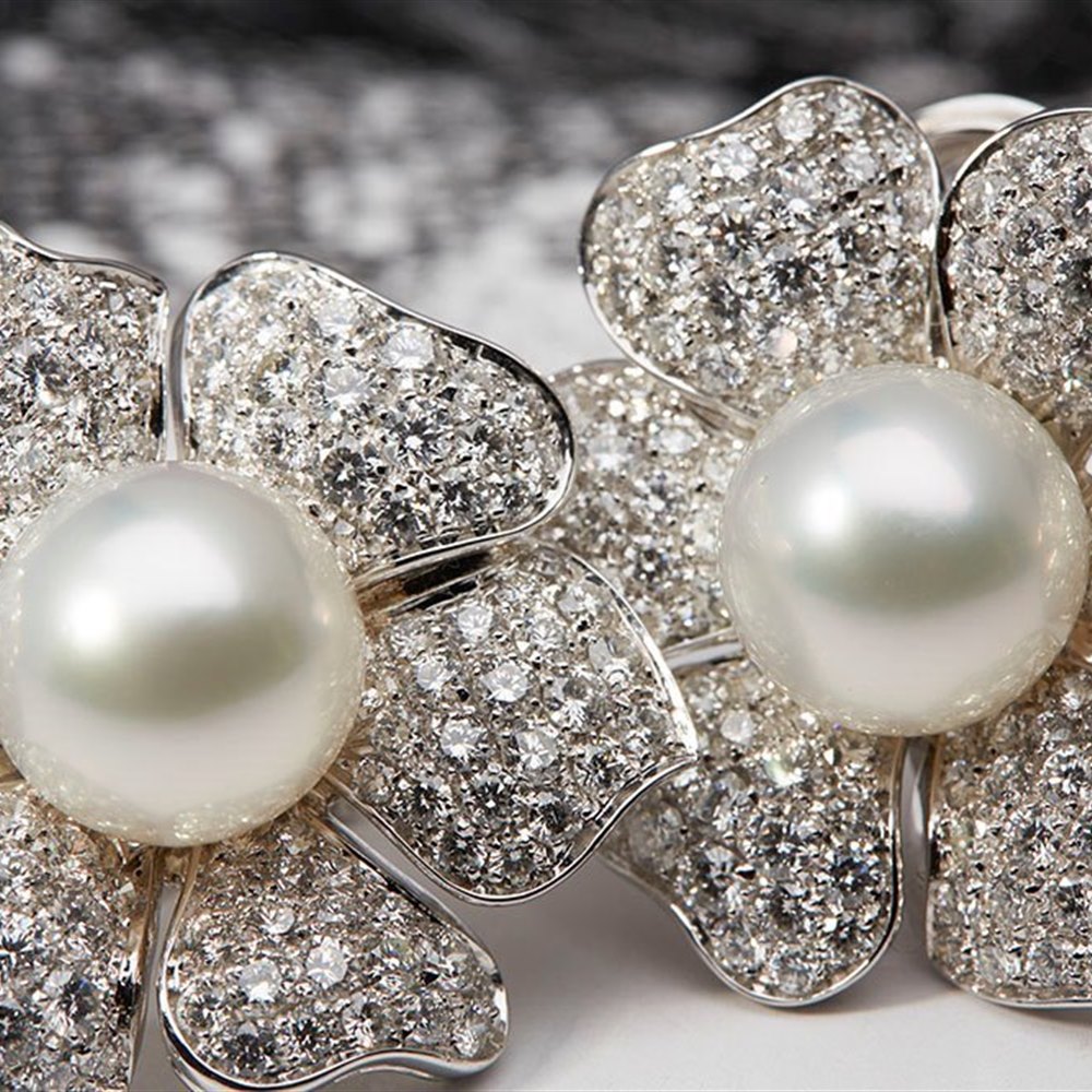 Picchiotti 18k White Gold South Sea Pearl & 7.20ct Diamond Flower Earrings
