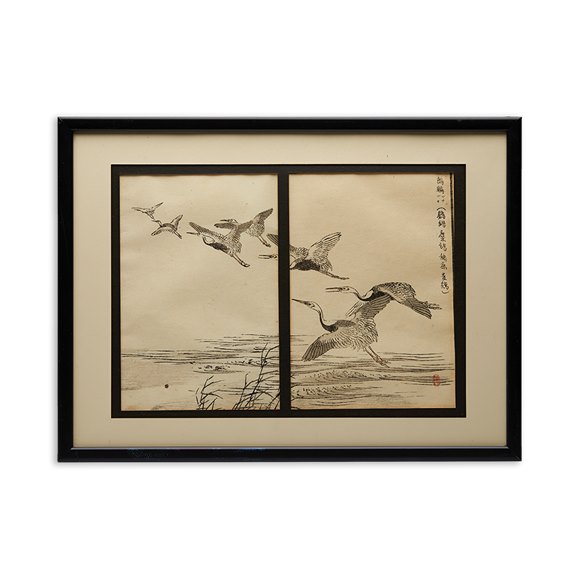 Japanese Woodblock Print Of Crane In Flight Over Water, By Baizei 19Th C.